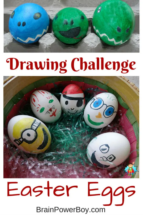 Egg Drawing that looks like dinosaurs, minions, pirates, and a Easter bunny