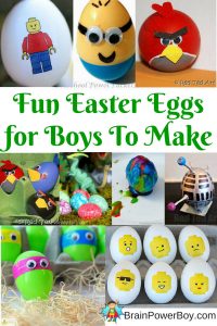 Get boys crafting and decorating Easter eggs with LEGO, Star Wars, Dr. Who, Volcano, dinosaur, TMNT, Super Mario Bros. eggs and more.