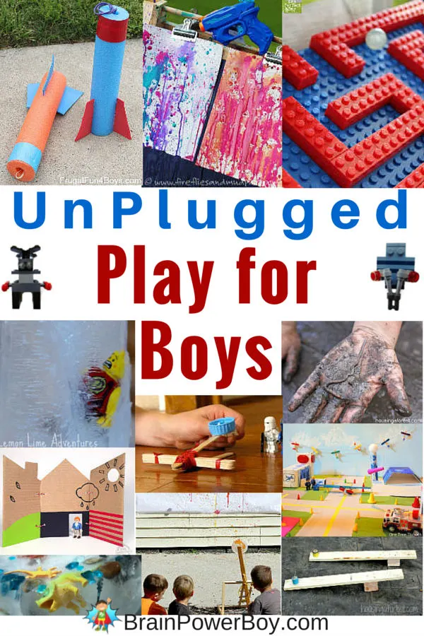 Awesome ideas for unplugged play boys will love. Over 50+ super fun options (plus a link to 150 more!) Great for screen free week or anytime you want your boys off screens.