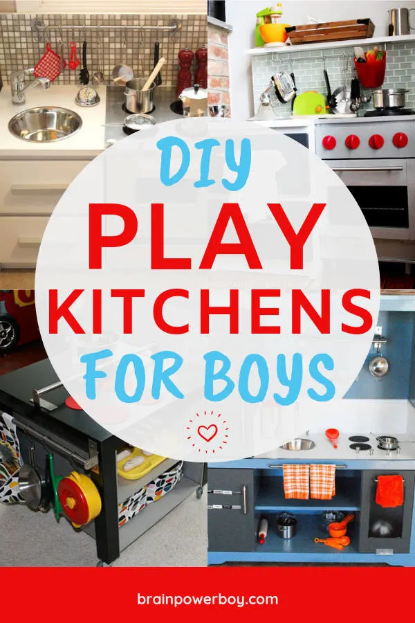 Play Kitchens that boys will totally want to "cook" in! These DIY & hacks are so cool!