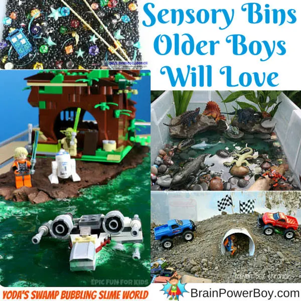 Boys Learning: Sensory bins are not just for young boys, they are for older boys as well. Try a geek sensory bin, LEGO slime swamp, dinosaur water bin and a monster truck bin that they will love.