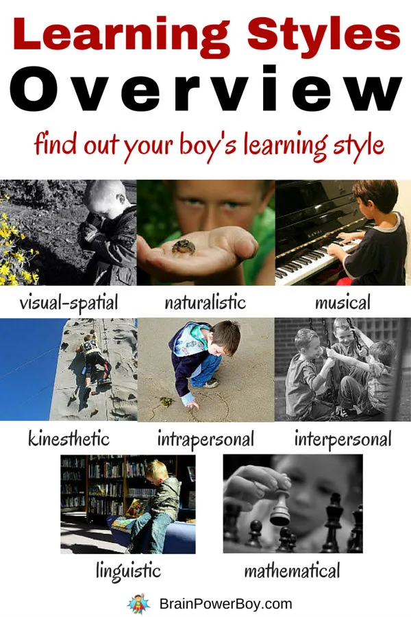 Do you know your boy's learning style? Taking the time to find out the one to three learning styles he has a preference for can make all the difference in helping him learn. Click the picture to see a learning styles overview of 8 styles and additional, helpful information.