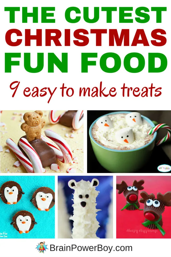 The cutest Christmas fun food you have ever seen! 9 super adorable treats to make with kids. Pretzel snowmen, santa star cookies, marshmallow snowman pops, a Christmas tree and more. Click picture to see them all.