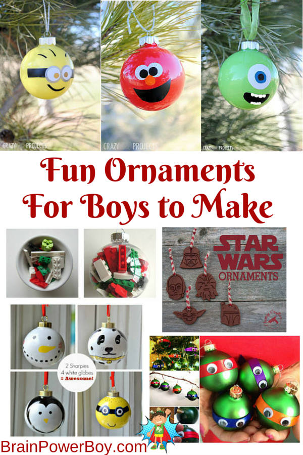 Christmas Ornaments for Boys to Make. DIY LEGO, Star Wars, Minion, Mike, Elmo, TMNJ and more. Fun ornaments with boy appeal!