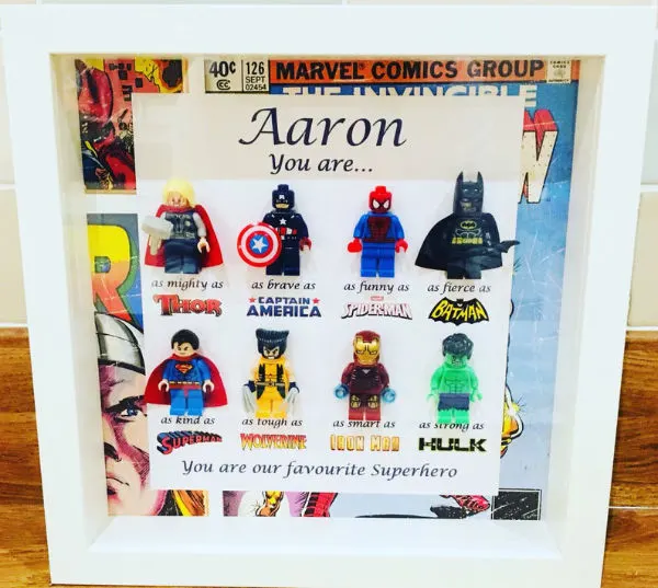 personalized LEGO shadow box superheroes version