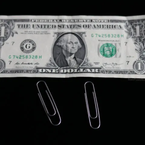 Dollar bill and two paperclips for jumping paperclips magic trick