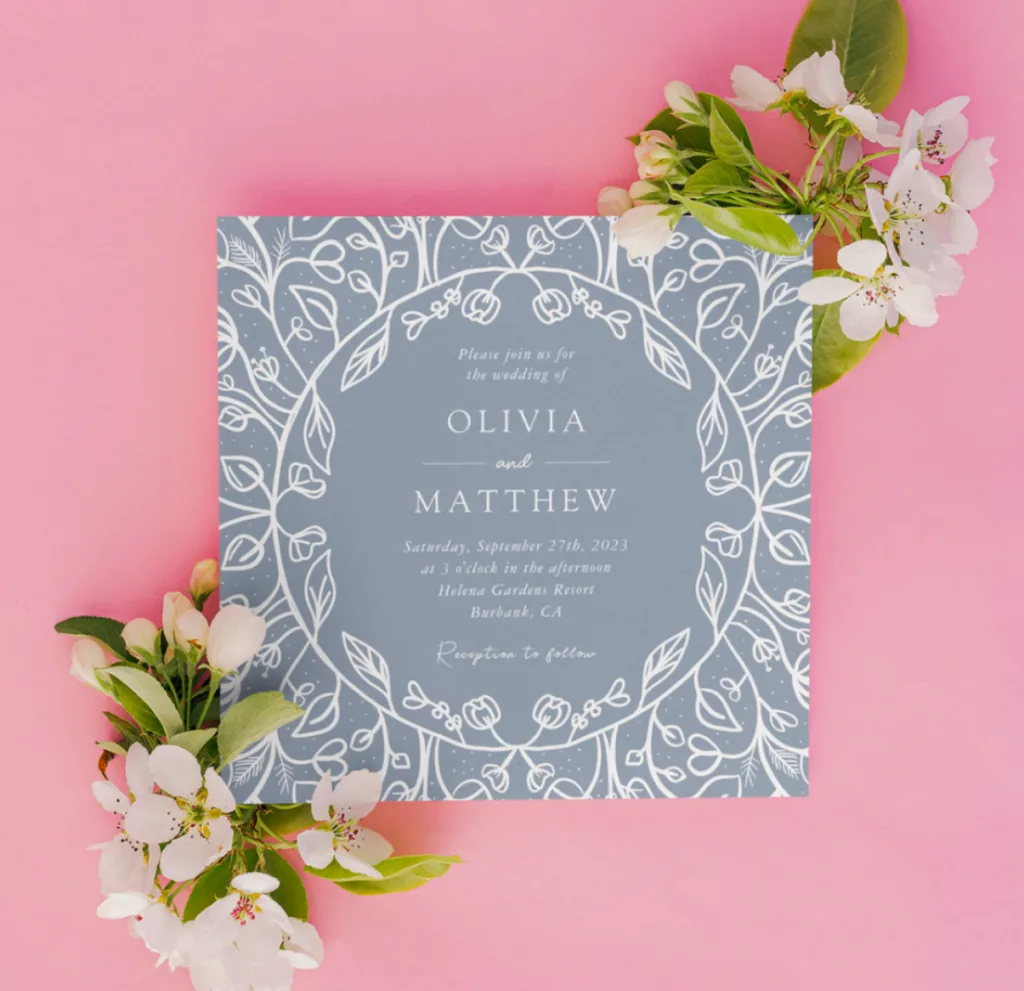 Dusty Blue Floral Line Art Illustration Wedding Invitation