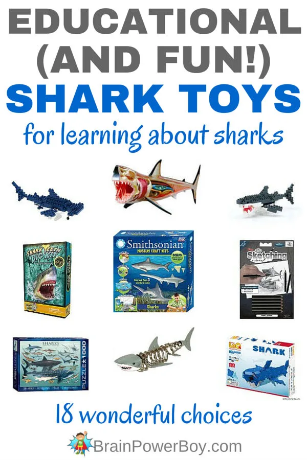 Use these educational shark toys to engage your kids while learning about sharks. These 18 toys are a great addition to a homeschool unit study on sharks, or to have in the classroom. These are also super choices for shark week or as a gift for a shark loving kid!