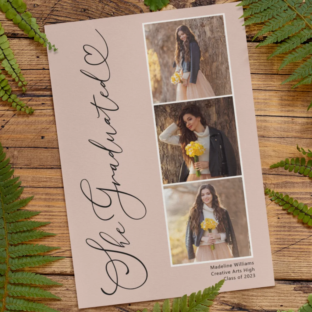 three photo graduation announcement with script that has a heart 