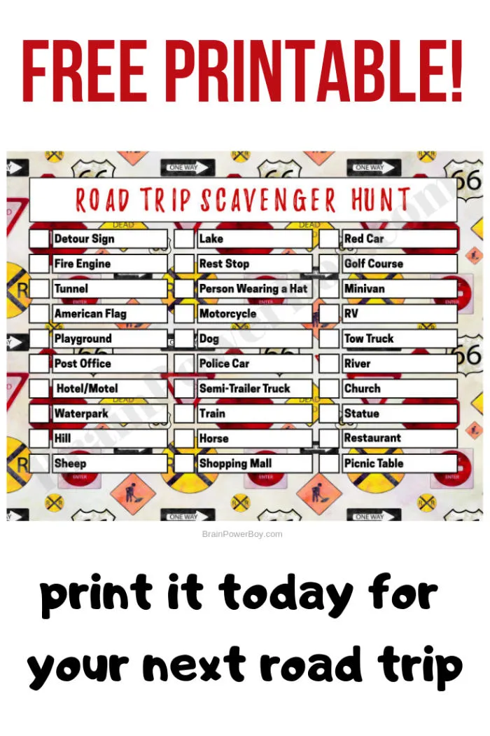 Printable Scavenger Hunt Game with Items to Find on a Trip