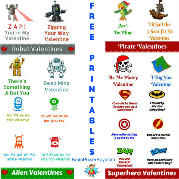 Get Alien, Superhero, Robot and Pirate Valentines for Boys today. Free Printables!