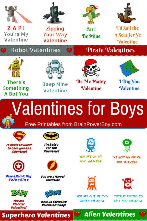 Get Alien, Superhero, Robot and Pirate Valentines for Boys today. Free Printables!