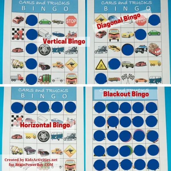 Free printable bingo game winning combinations for Cars and Trucks Bingo Game. Fun!