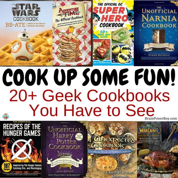 Over 20 of the very best geek cookbooks out there! Includes Harry Potter, Narnia, Star Wars, Star Trek, Hunger Games, WOW, Dr. Who, Superheroes, Game of Thrones, Pokemon, Adventure Time, The Hobbit . . . Click or tap to see them all! (Plus: fun geeky kitchen extras you do not want to go without!)