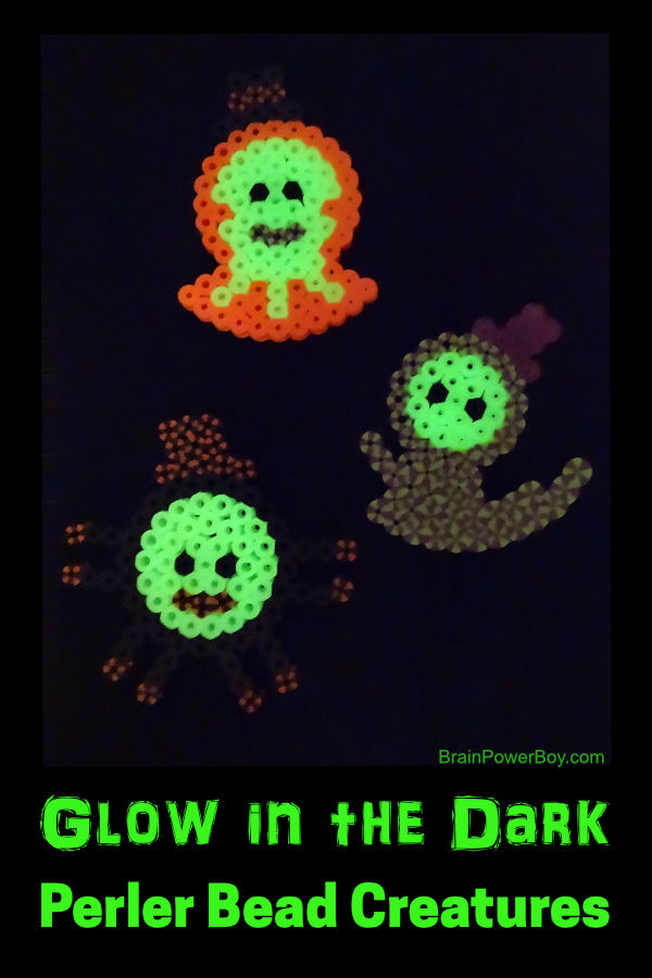 Fun glow in the dark Halloween Perler bead creatures wearing top hats! Click to get the patterns.
