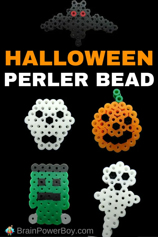 Fun & Free Halloween Perler Bead Patterns. Make a ghost, Frankenstein's monster, a pumpkin, a skull and a bat!
