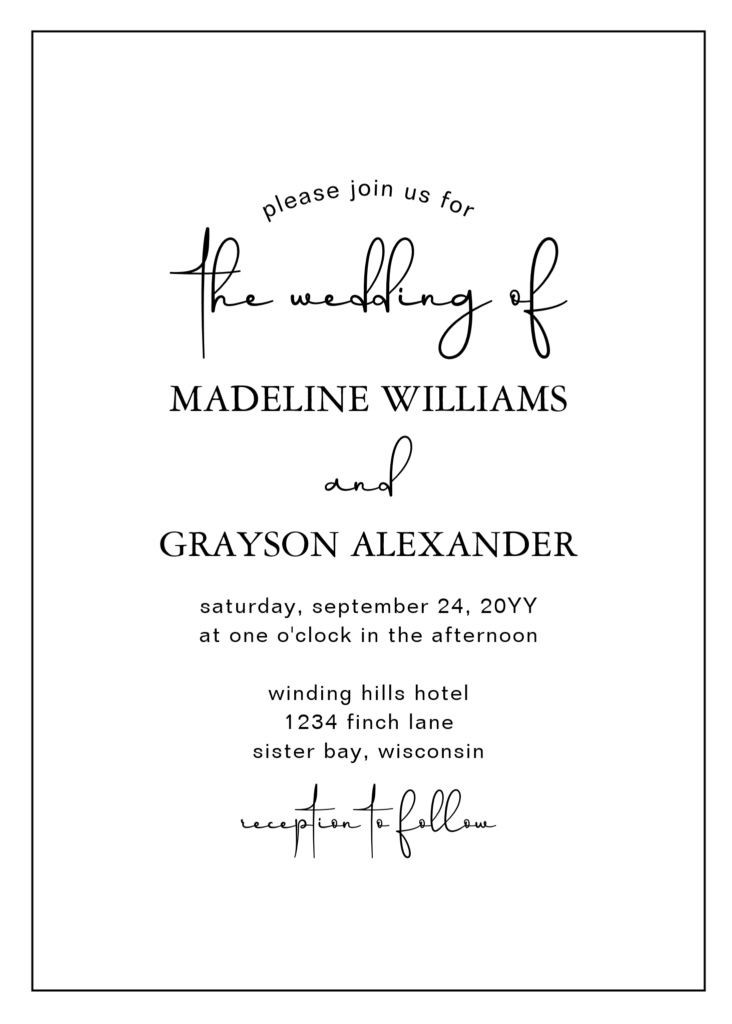 classic black and white hand lettered wedding invitation