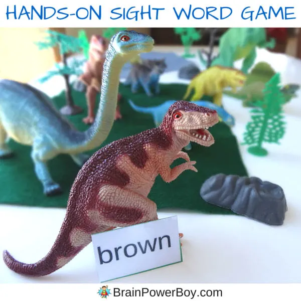 Play this hands-on sight word game with a dinosaur theme. Easy to set up! Use our free printable preschool and kindergarten words chosen specifically for this game. If you have a dinosaur fan who is interested in reading, this is the game for you.