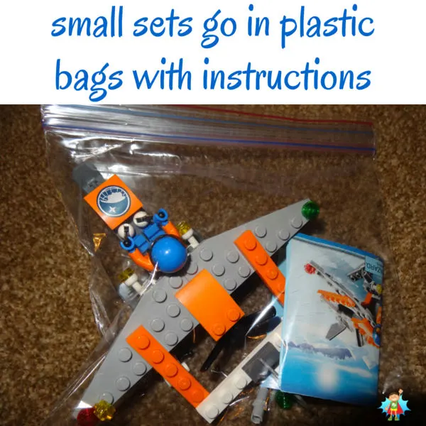 Store small LEGO sets in plastic bags with all the pieces and the instructions. See more storage and organization ideas by clicking. Great tips!