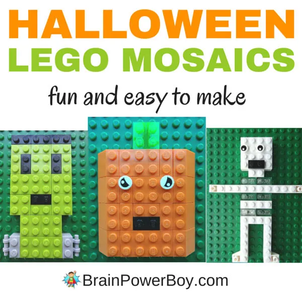 3 super fun Halloween LEGO Designs to make. These LEGO mosaics: pumpkin, Frankenstein's Monster and skeleton are a great Halloween project for kids.