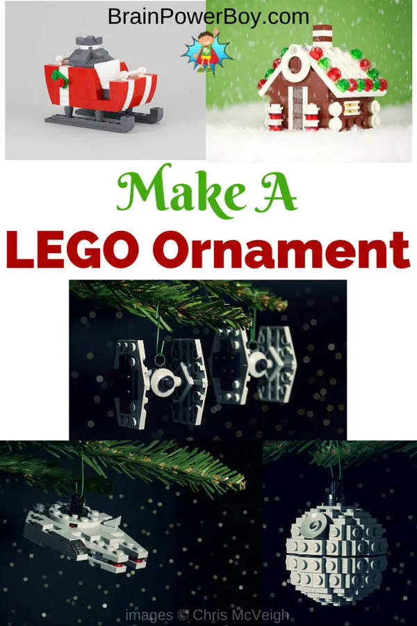 Make these awesome LEGO Christmas Ornaments. Includes gingerbread house, sleigh, and Star Wars TIE fighter, Millennium Fighter, and Death Star.