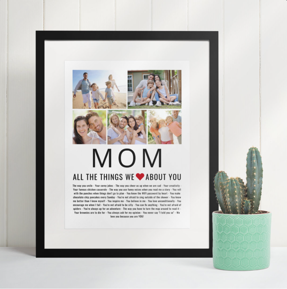 poster with the word mom and a list of the things they love about her