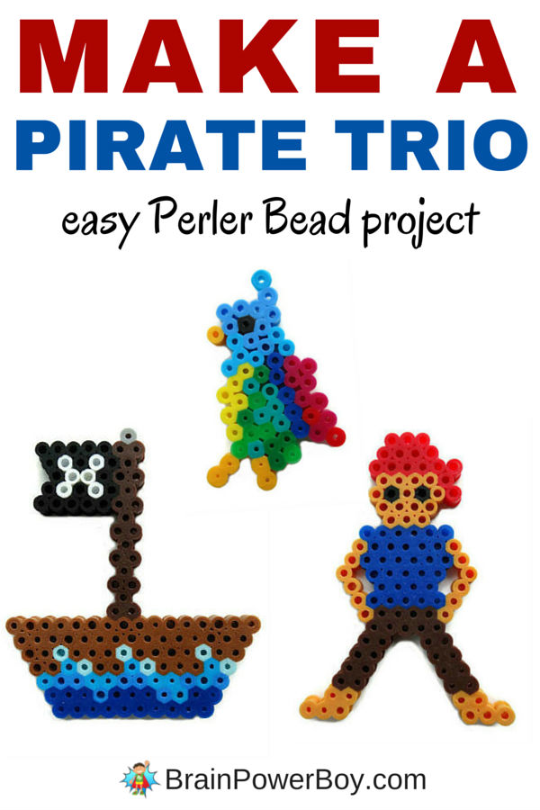 Hey pirate fans! Here is a fun pirate Perler Bead pattern for a pirate trio. A parrot, a ship and a pirate. All are easy to make and there are instructions included. These are great for Talk Like a Pirate Day or any day!