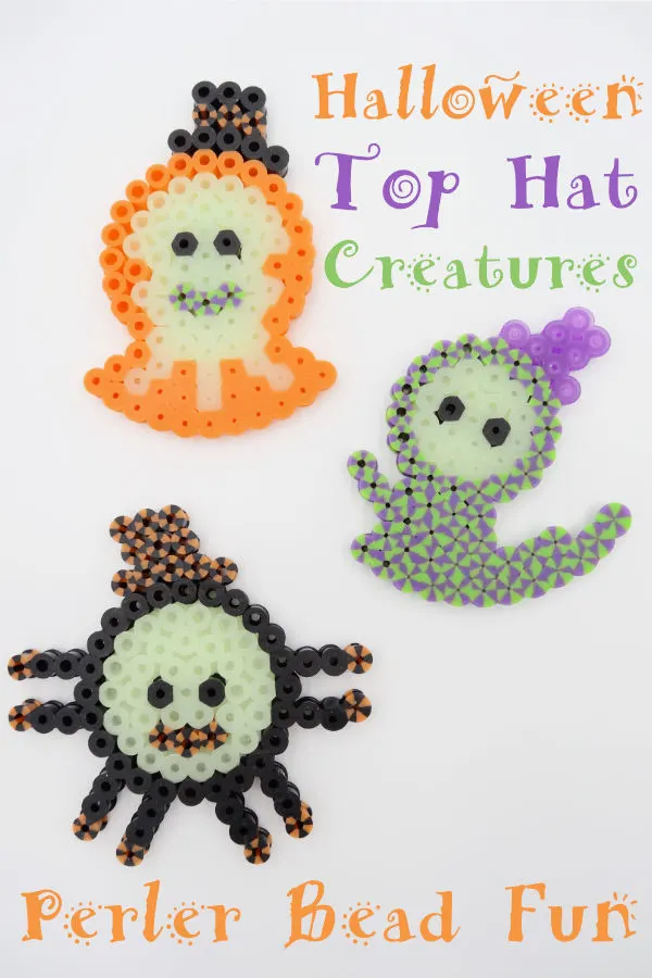 Silly little Halloween Perler Bead Creatures. A ghost, a spider and a little monster who are all wearing top hats! Get the pattern by clicking through.
