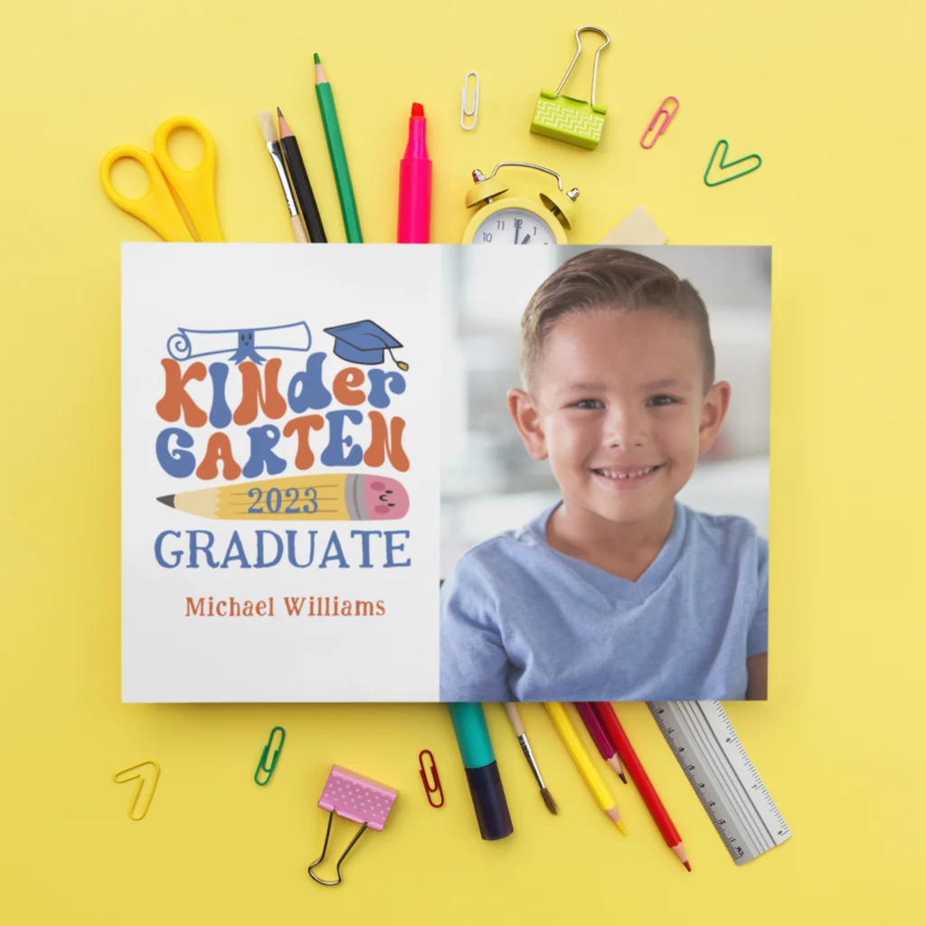 kindergarten graduation announcement card with place for photo