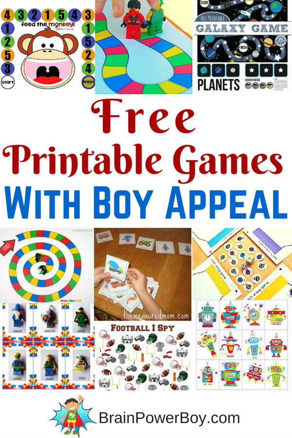 Free printable games for boys provide a great way to have fun and learn. Check out these printable games with boy appeal. Think: robots, LEGO, animals, bugs, space, vehicles and more.