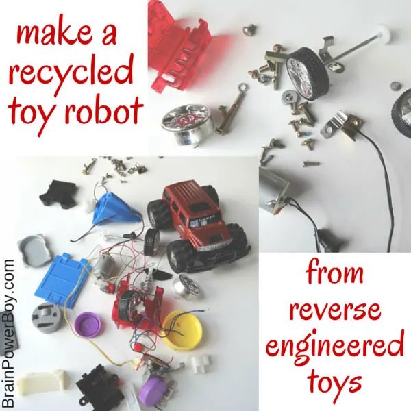 Reverse engineer toys and make recycled toy robots. Part of a free reduce, reuse and recycle homeschool unit study.