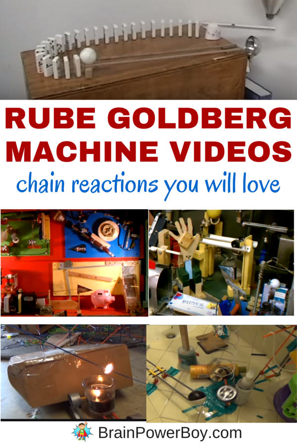 Inspiring Rube Goldberg Machine™ videos you don't want to miss. See teen boys create 6 machines, an awesome food-based machine, an incredible domino chain reaction and a Rube Goldberg Machine™ that took over 5000 hours to build and more!