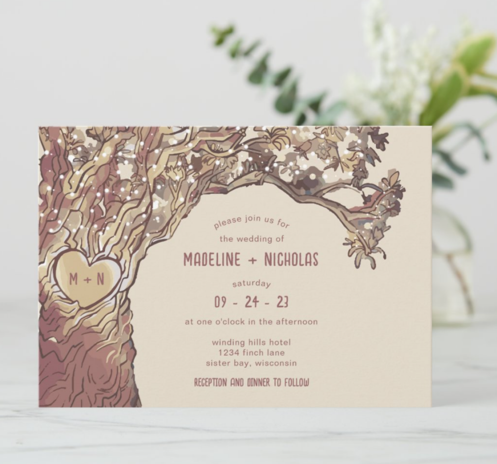 rustic carved heart on oak tree wedding invitation