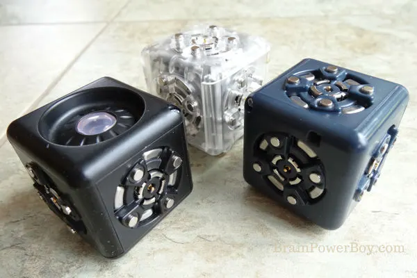 Three of the many Cubelets you can use in the modular robotics set. It is so much fun!