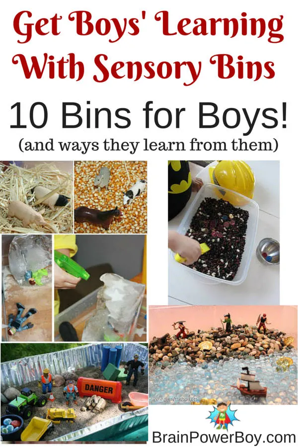 10 sensory bins boys are really going to love. LEGO, Star Wars, dinosaurs, pirates, mining, farm, monster trucks and much more! Includes additional bins for older boys too. Click the picture to see the article.