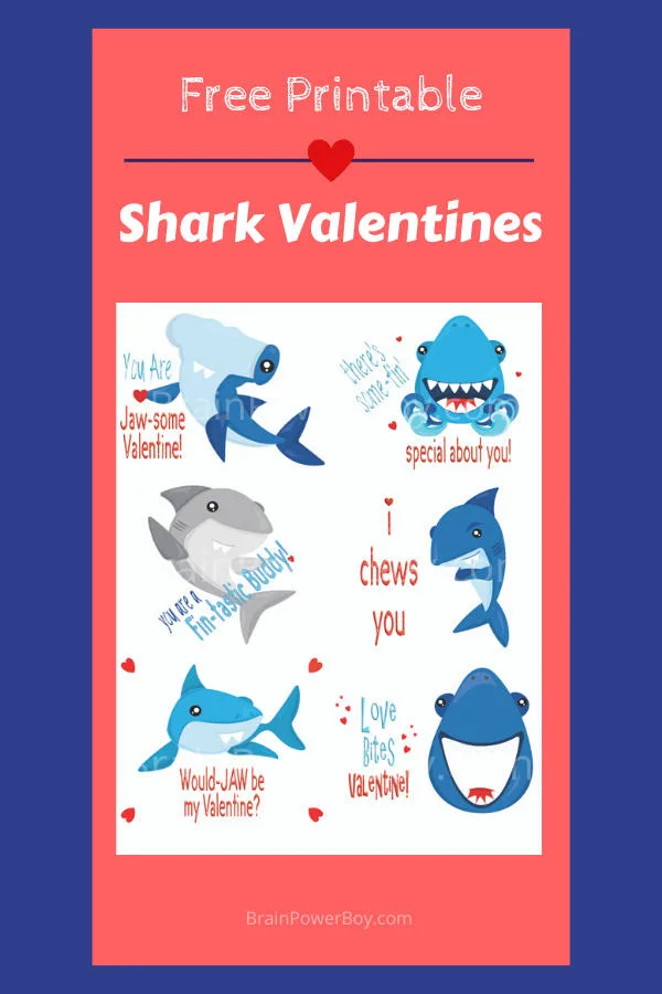Shark fans will love these free printable shark themed valentines!