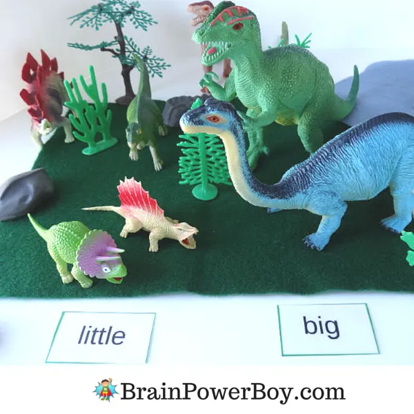 Dinosaur sight word game with comparisons such as little and big, up and down and other preschool and kindergarten sight words including action words, colors and more. Free printable sight word game available on BrainPowerBoy.com