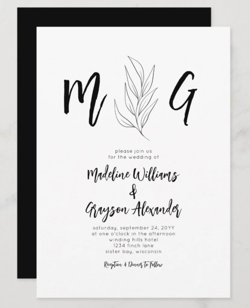 Botanical leaves Script Monogram Wedding Invitation