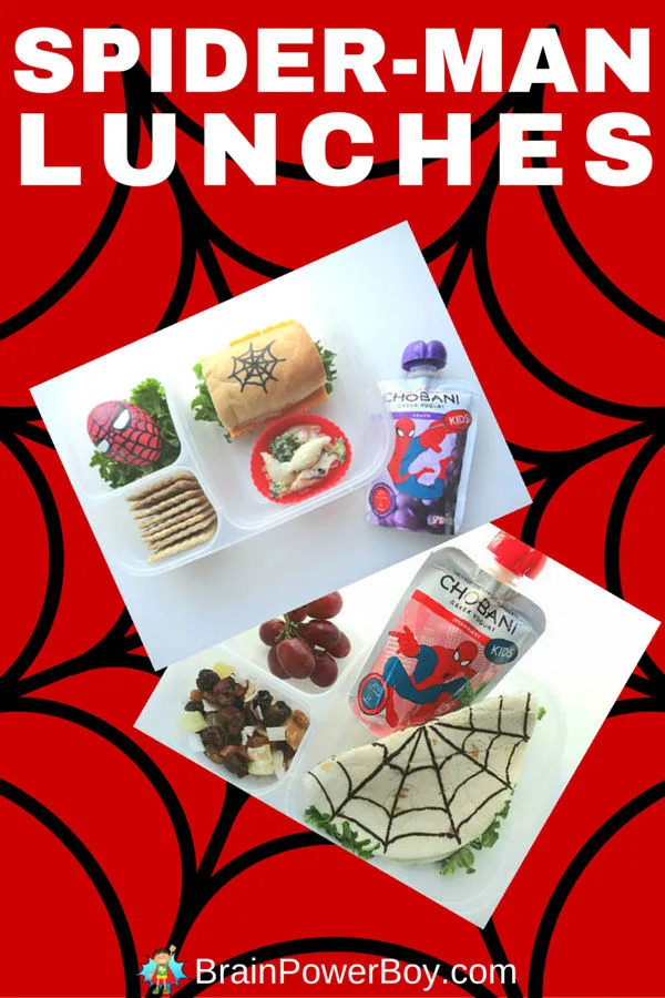 Spider-man lunches for your superhero! These lunches feature fun food to give your kids that extra protein punch they need to make it through their day including delicious Chobani Greek yogurt in a Spider-man pouch. Created by BrainPowerBoy.com sponsored by Chobani.