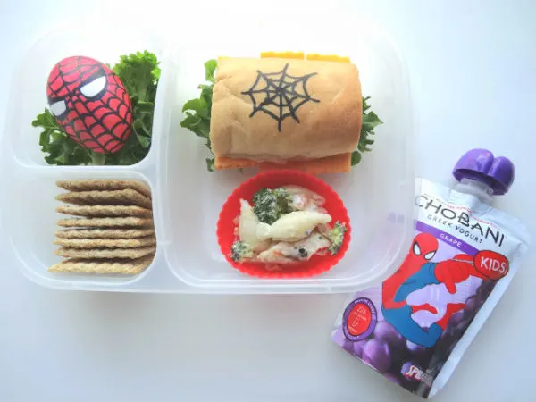 Kids love superheroes and this Spiderman lunch is fun and packs a protein punch with a turkey and cheese sub sandwich and a Spiderman hard-boiled egg. They will love the Chobani Kids Greek Yogurt grape pouches, too. Created by BrainPowerBoy.com, sponsored by Chobani.