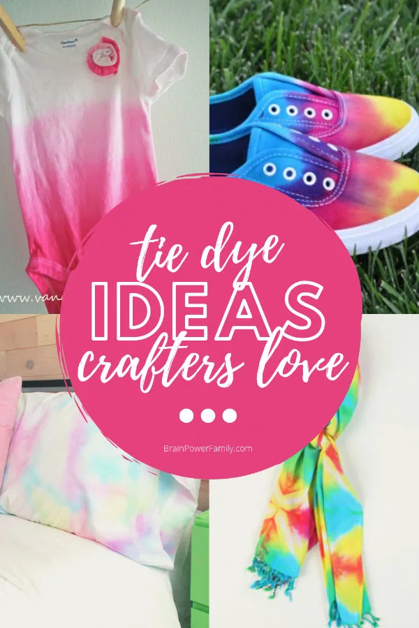Tie dyed ideas with baby body suit, shoes, pillow, and scarf shown