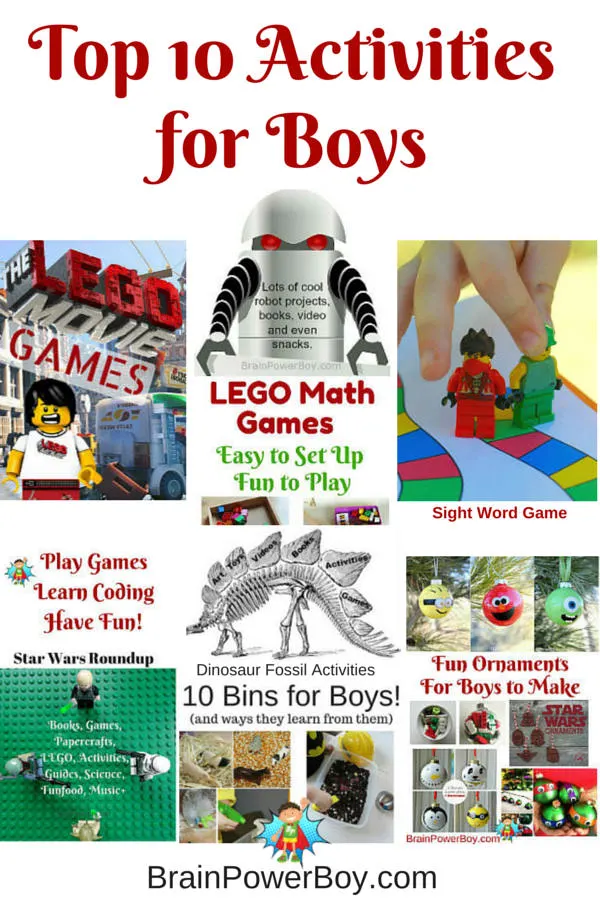 Find Top Activities for Boys! A great selection of activities boys will love including coding, Star Wars, Dinosaurs, Robots, LEGO, sensory bins, games, and much more.