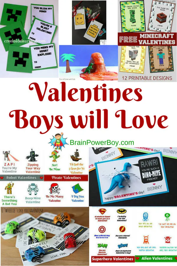 Big selection of Valentines perfect for boys. Superhero, alien, car, pirate, robot, dinosaur, Minecraft, and LEGO!