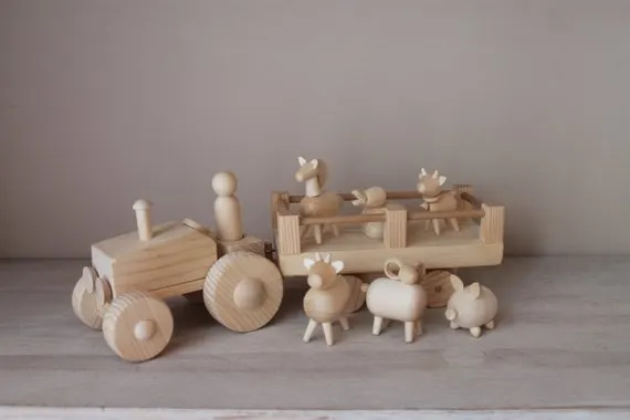Wooden Farm Tractor with Trailer and Animals