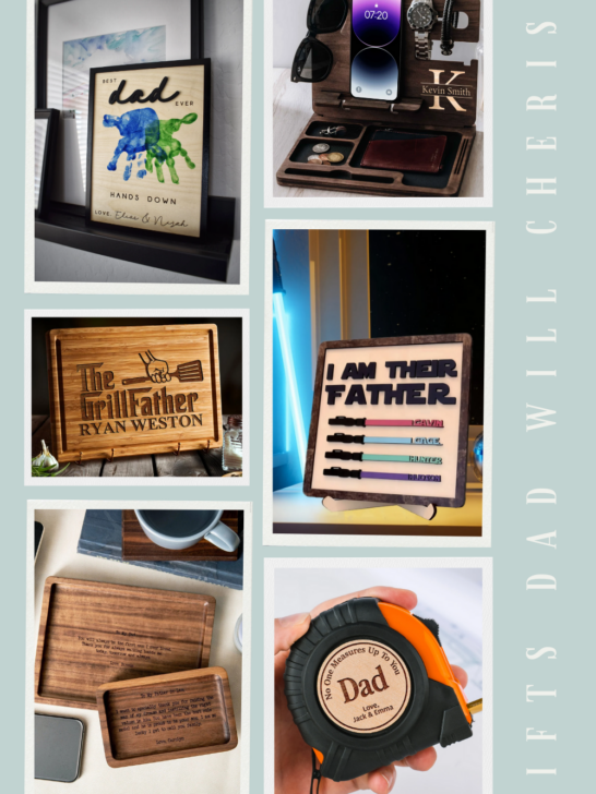 selection of wooden gifts for dad says gifts dad will love