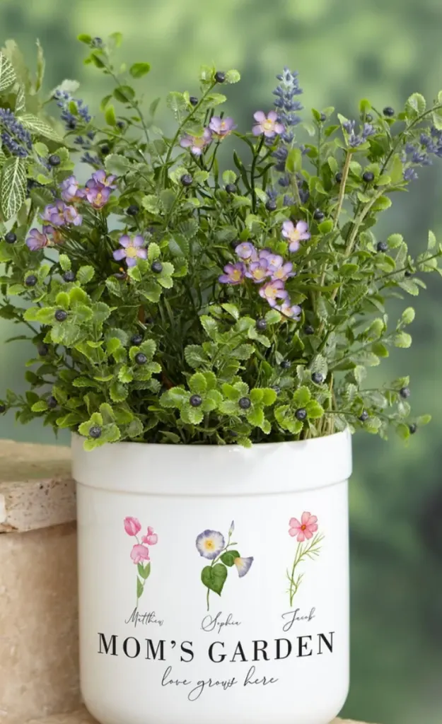 flower pot with birth flowers and kids names with saying mom's garden
