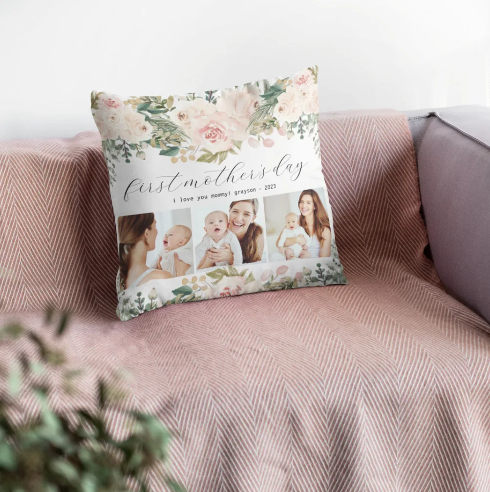 pillow for first mother's day with beautiful pale pink roses and three photos