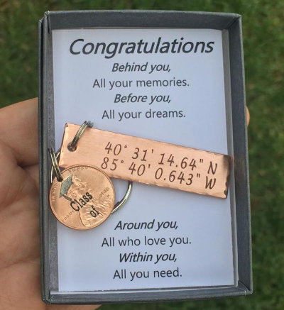 keychain with coordinates and penny