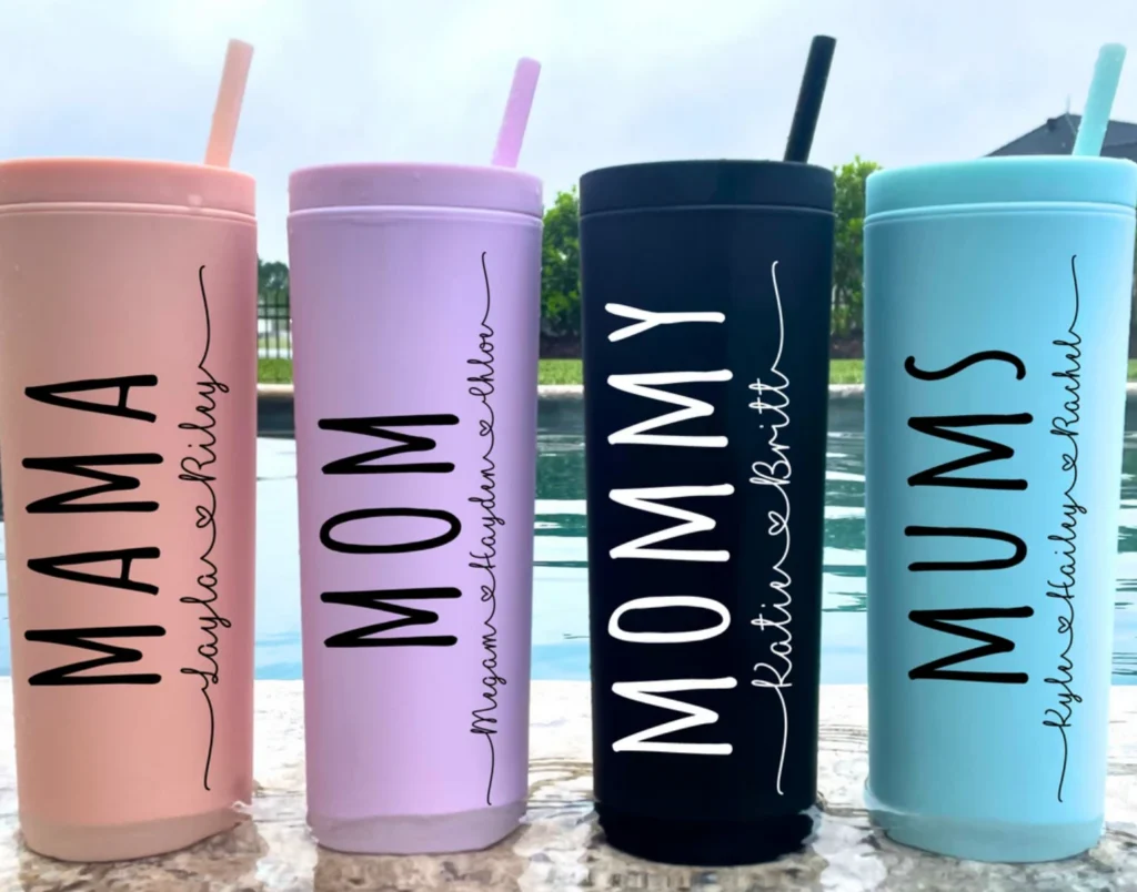 mama mom mommy drink tumblers with straws and kids names