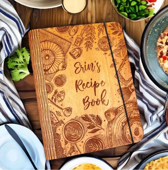 personalized wooden recipe binder with kitchen items on cover